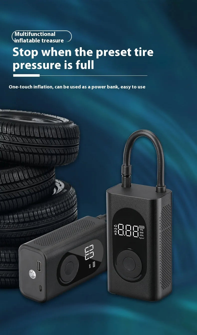 Handheld portable wireless tyre pump with digital display, power bank, and flashlight functions.