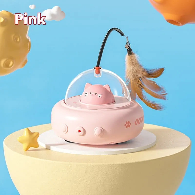 Electric UFO cat teaser toy with bell and replaceable feather in Milk Coffee colour