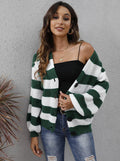 Women's striped deer plush cardigan with button front in blue, black, brown, or dark green.