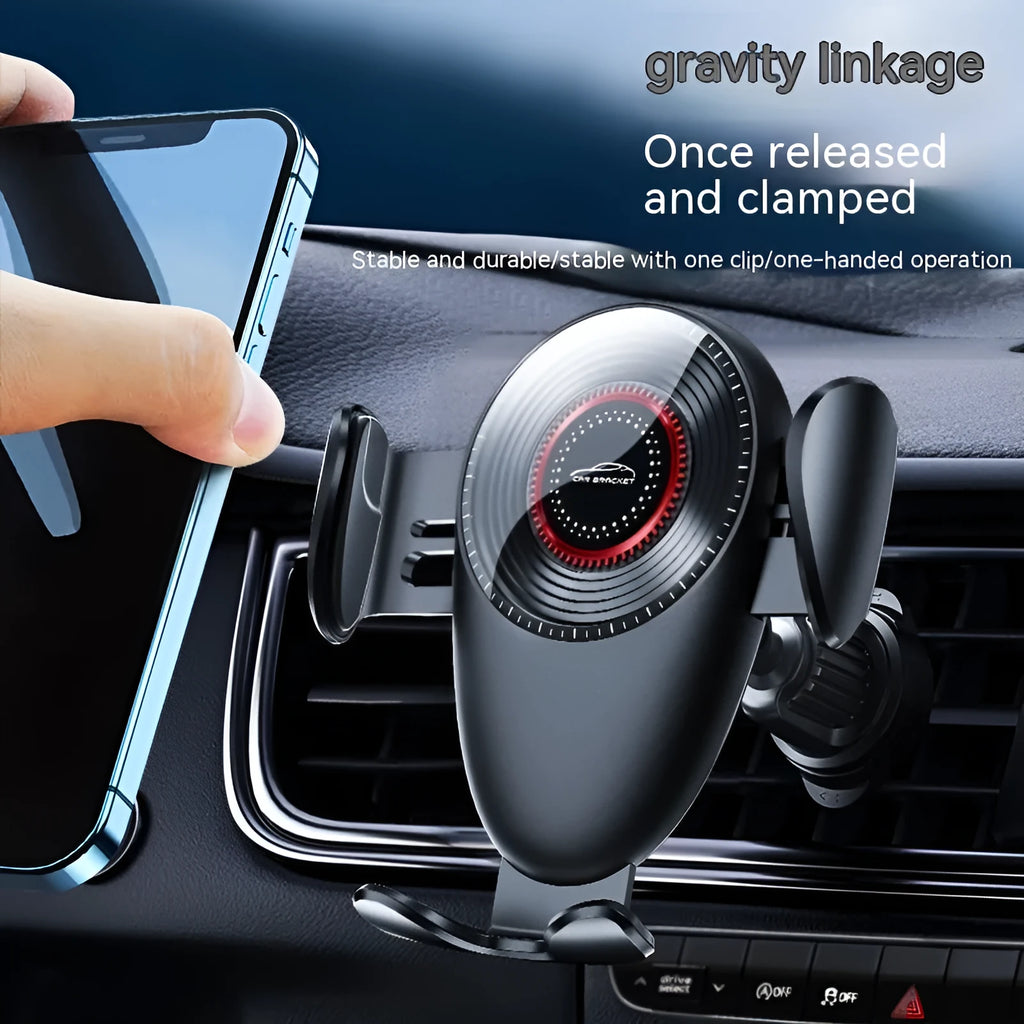 Black car phone bracket mounted on car air vent with mechanical support frame
