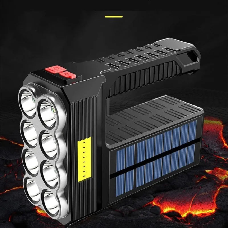 Solar rechargeable USB LED flashlight aluminium alloy 8 heads side light COB life-grade waterproof