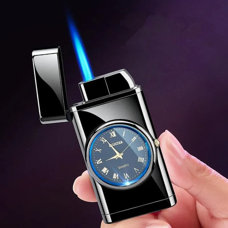 Electronic watch lighter showing LED digital display integrated with butane gas lighter mechanism in brushed metal body