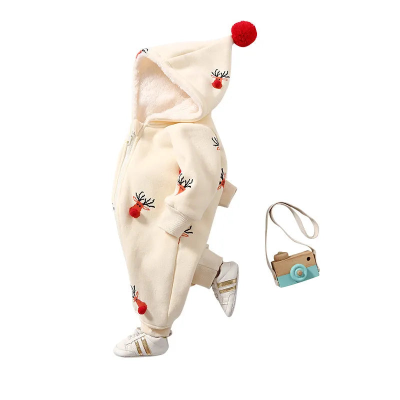 Khaki padded baby crawling clothes with Christmas moose pattern in Korean style design