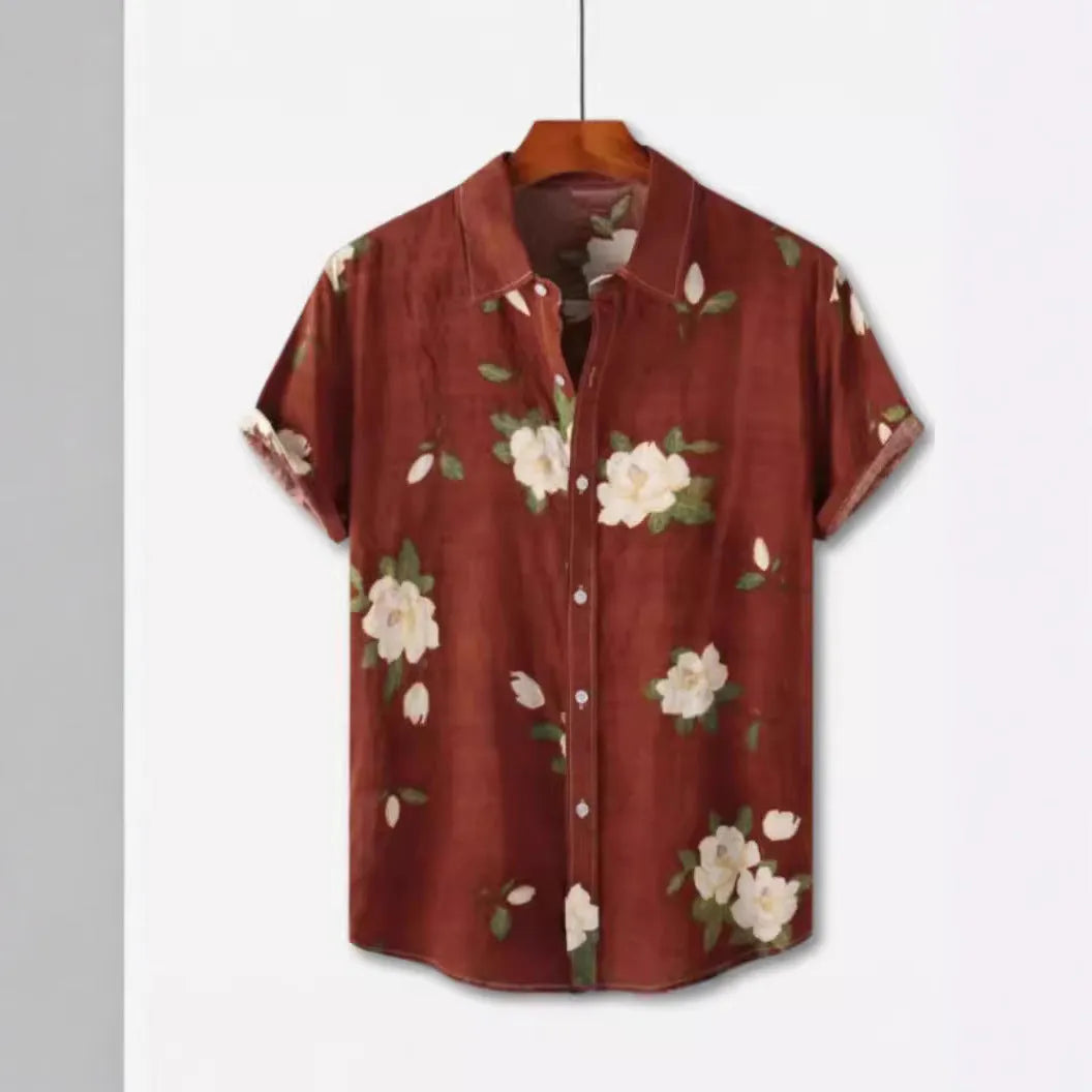 Short sleeve Hawaiian floral print shirt with lapel, shown in a vibrant colour on a model.