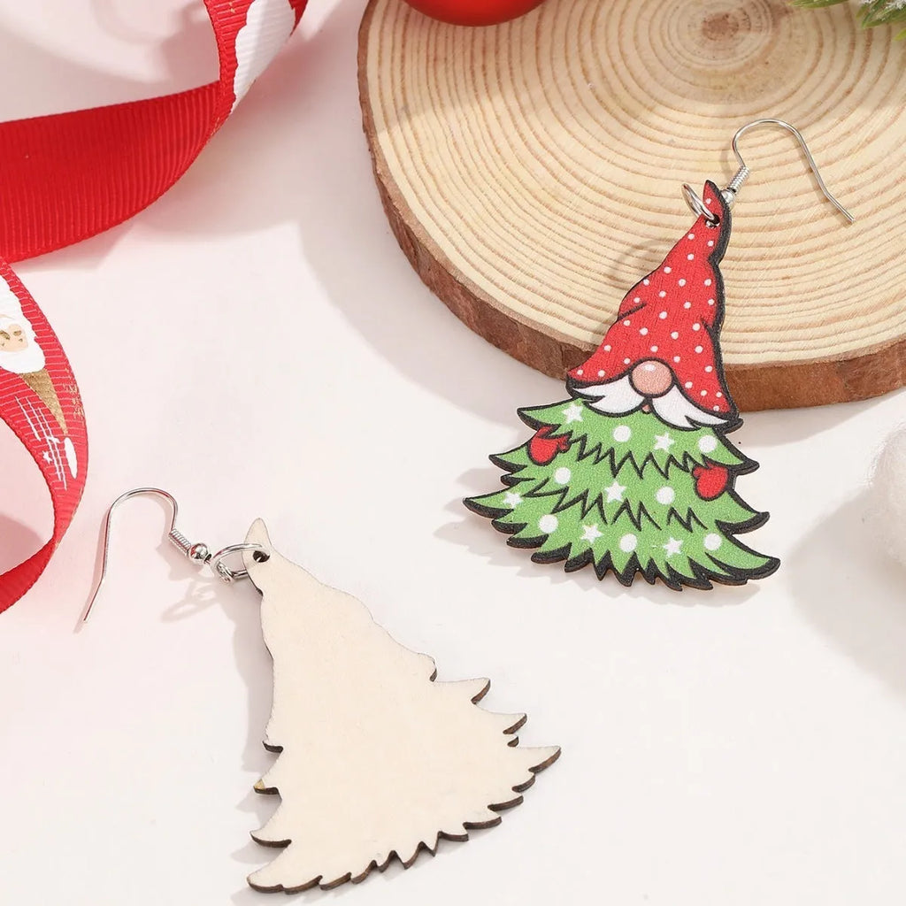 Wooden Christmas earrings with printed tree and snowman geometric designs
