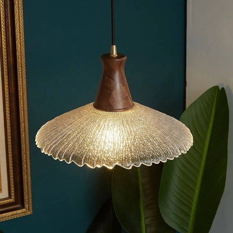 Retro-style wood and glass ceiling chandelier with brass accents in three sizes.