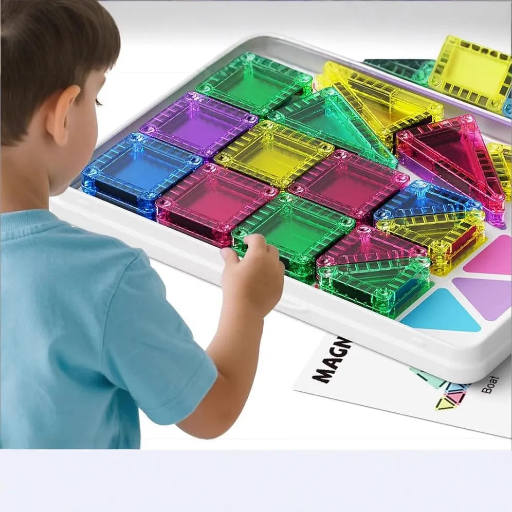 Educational magnetic building blocks toy with portable plastic magnetic sheets for teenagers, 20 to 74 pieces