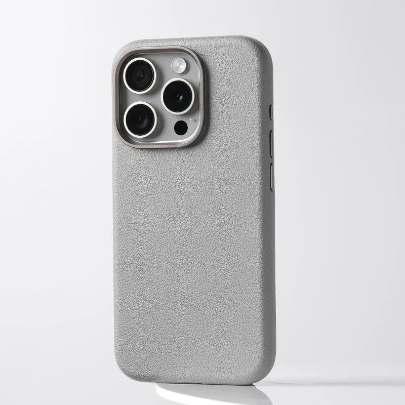 Black leather iPhone protective cover with silver metal lens frame showing MagSafe compatibility