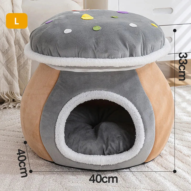 Grey mushroom-shaped plush cat bed with a detachable blanket and rabbit plush lining