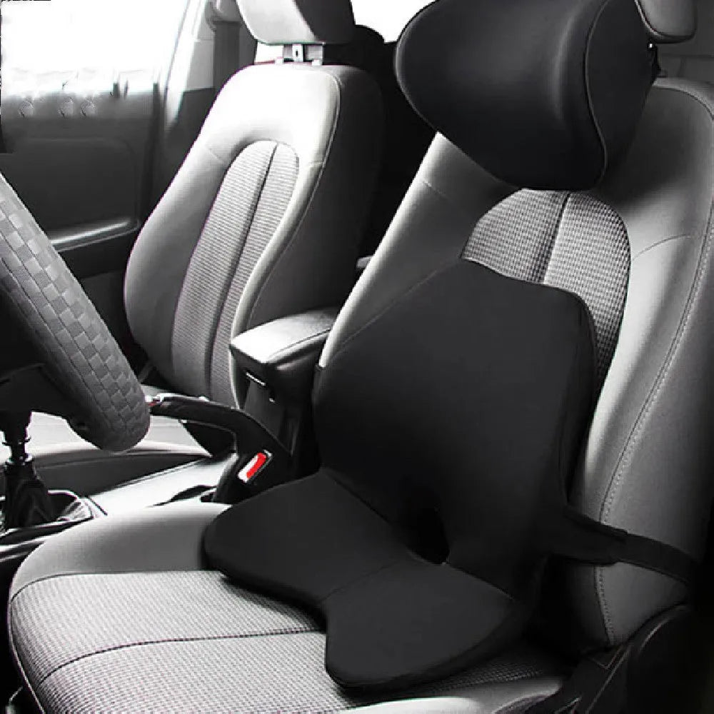 Car lumbar support cushion with memory foam, shown in beige colour, alongside a matching headrest option.