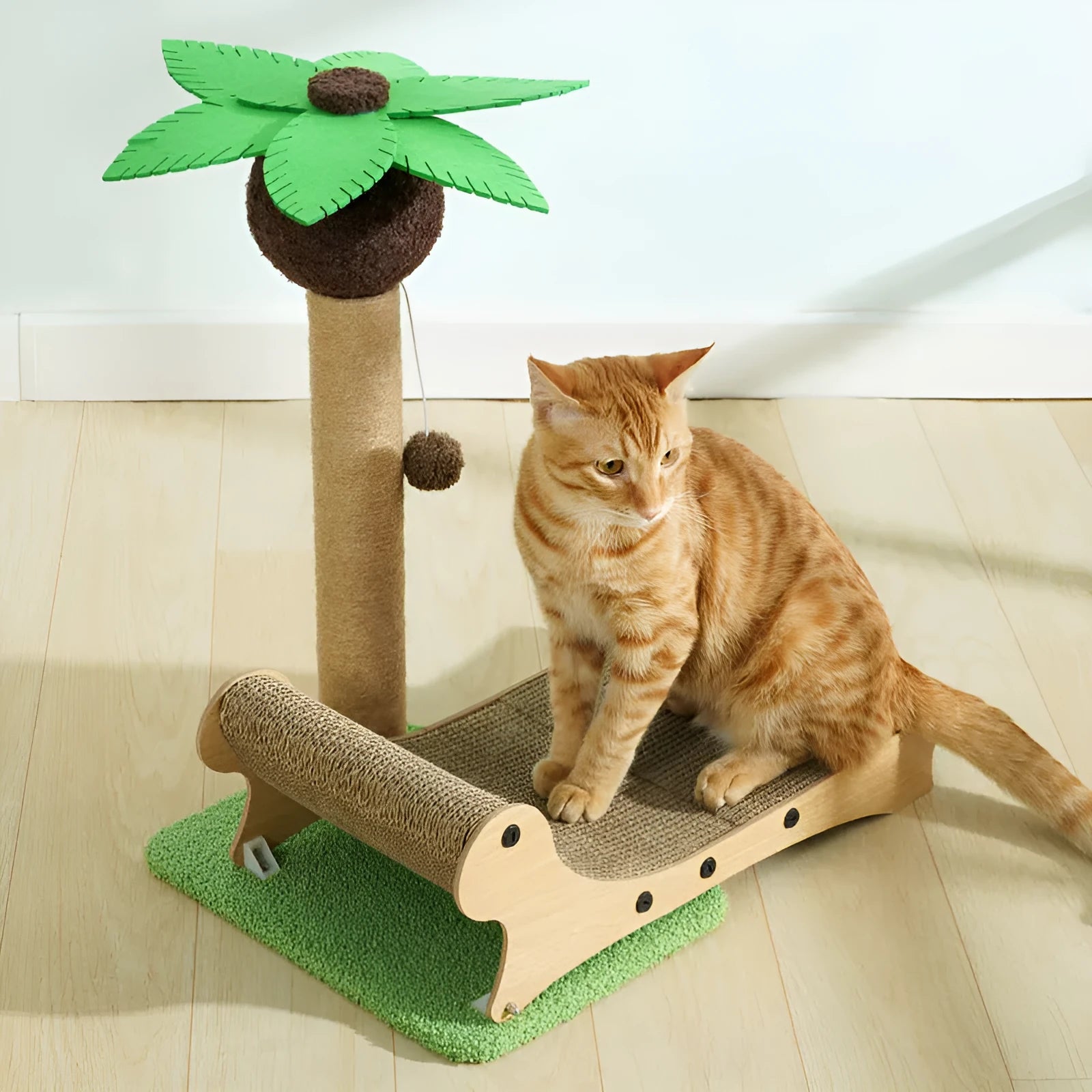 Solid wooden beach chair for cats with a hemp mat, serving as a multifunctional pet bed and scratch board.