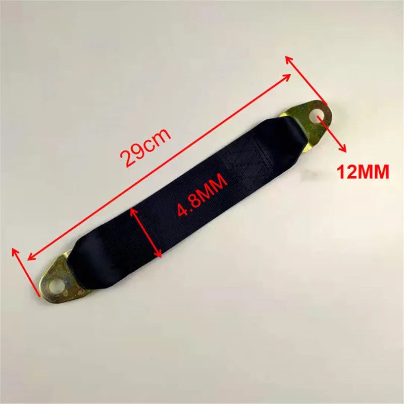 Polyester door latch and door stop fixing belt kit with screws and nuts on a white background.