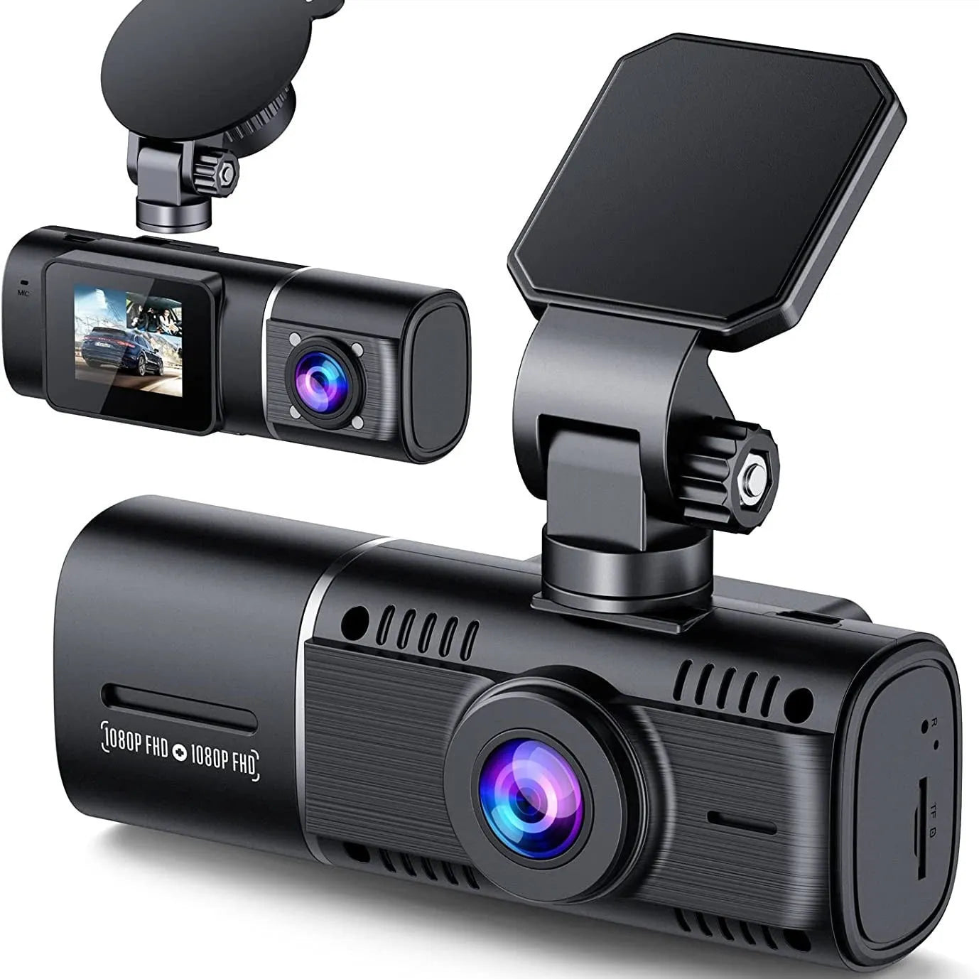 Black dual-channel car dash cam with 1.5-inch screen mounted on windshield next to rear-view mirror.