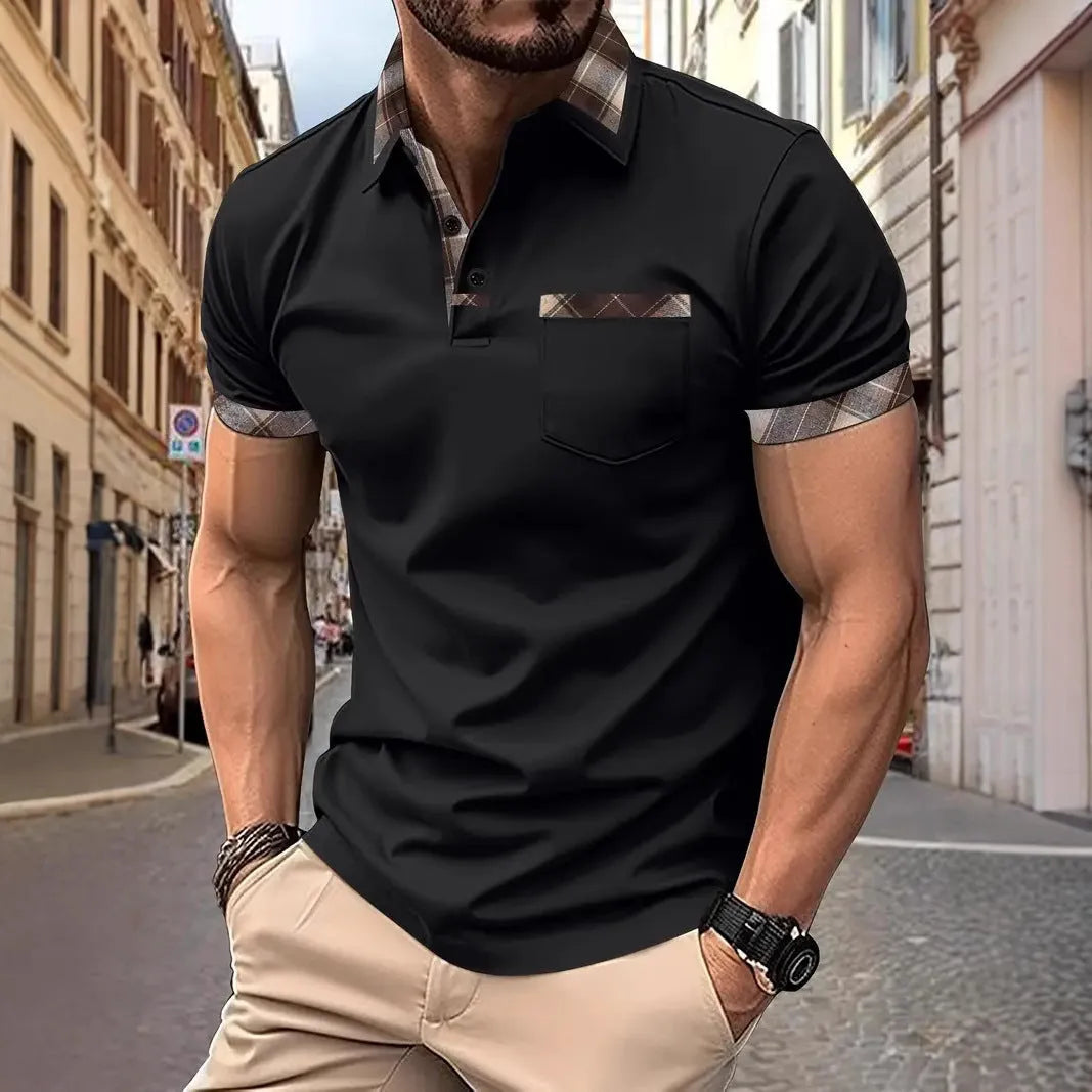 Men's loose fit plaid colourblock t-shirt with zip detail on sleeve in multiple colour options.