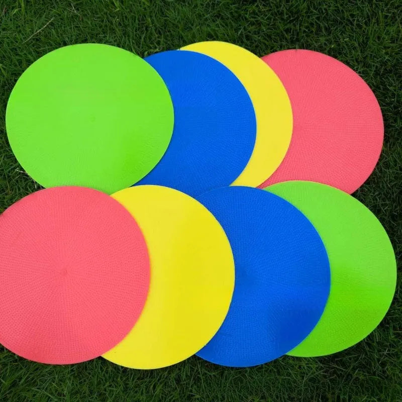 Flat circular TPE football training marker disc in bright colours for field practice.