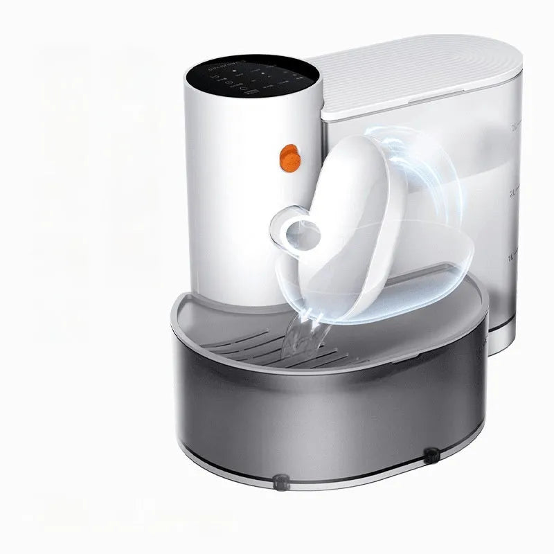 White rechargeable 3L cat water fountain with stainless steel bowl on a grey floor