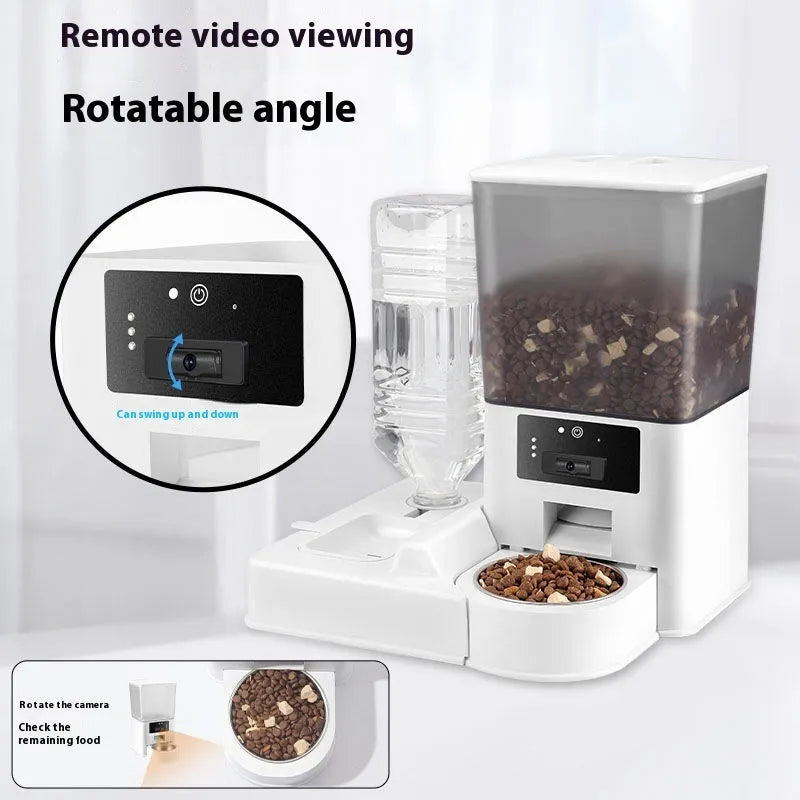 Intelligent pet feeder with stainless steel bowl, 5L capacity, for remote video monitoring and timed feeding of dogs and cats.