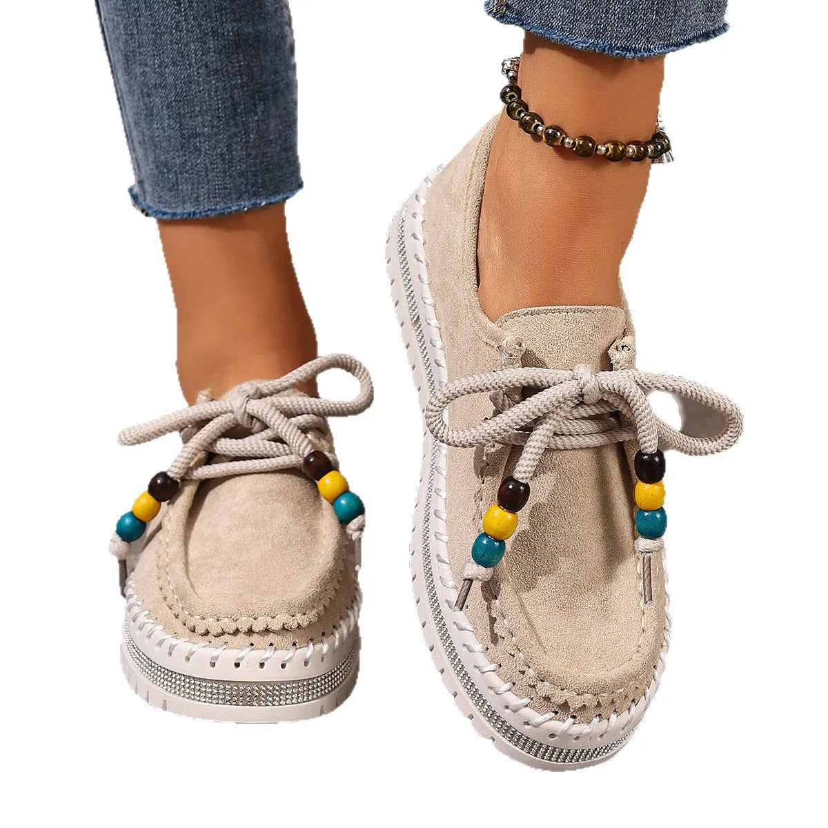 Retro full-covered women's flats in beige or camel suede with thick soft sole, round toe, and lace-up closure, sizes 36-43