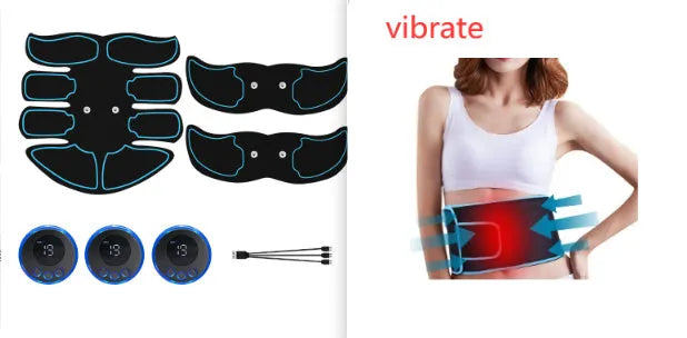 Abdominal muscle patch set with digital display in red, blue or yellow trim for six-pack toning.