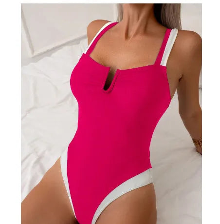 Women's deep V neck European and American fit bikini swimsuit in black or rose red