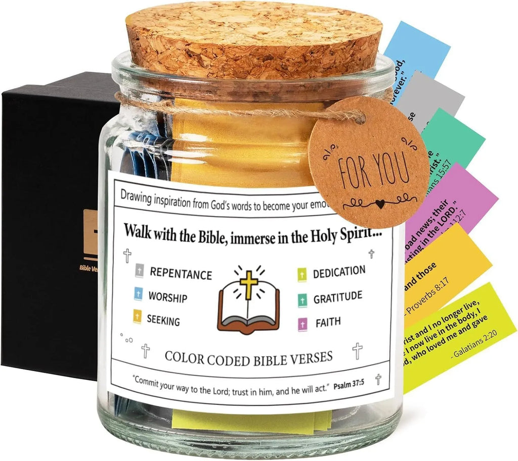 Glass Bible Verses In A Jar with cartoon decoration showing colourful verse strips inside