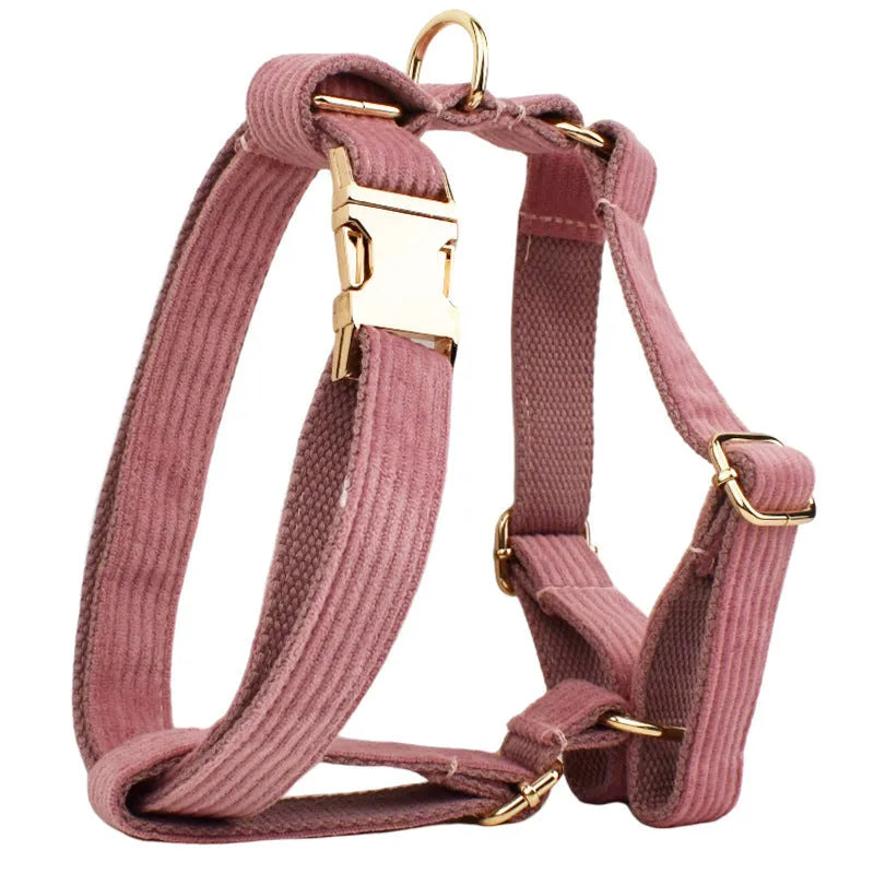 Corduroy dog collar and leash set with matching vest, bow, and poop bag holder in multiple sizes