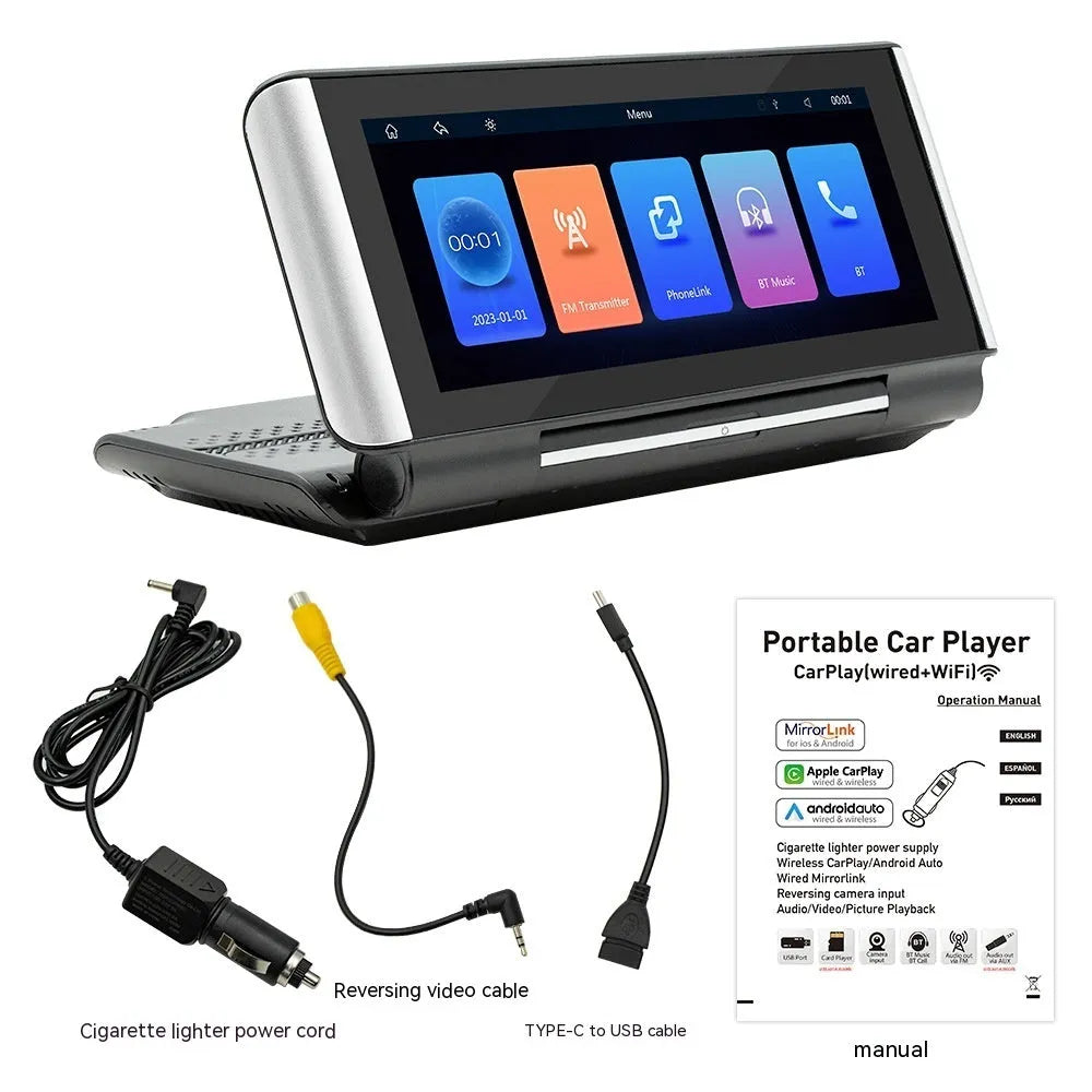 6.86 inch black car MP5 player dashboard screen with Wireless CarPlay and reversing camera input ports.