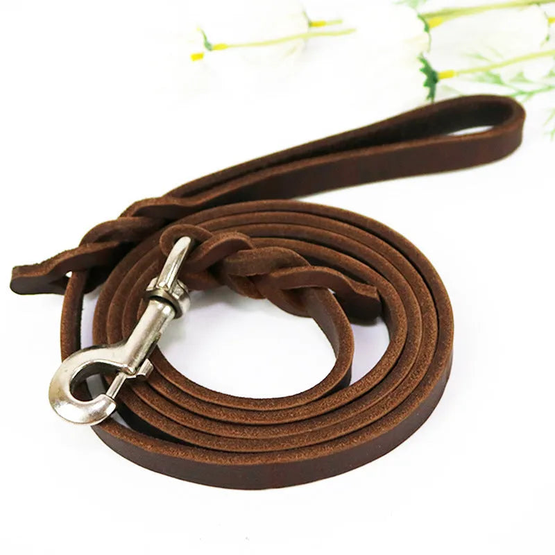 Leather dog walking rope in light brown colour with measurements showing 1.2cm width