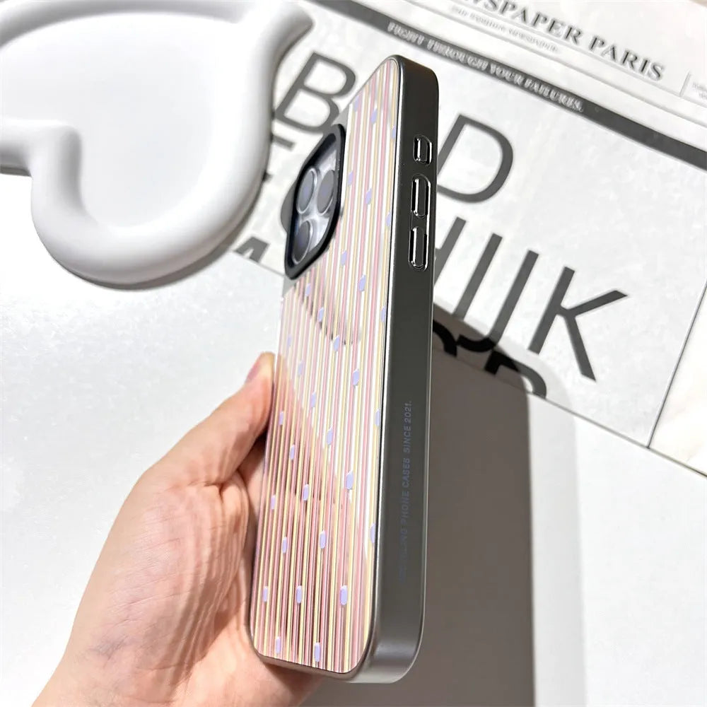 Mirror finish contrast stripe silver edge iPhone case for 12-16 series
