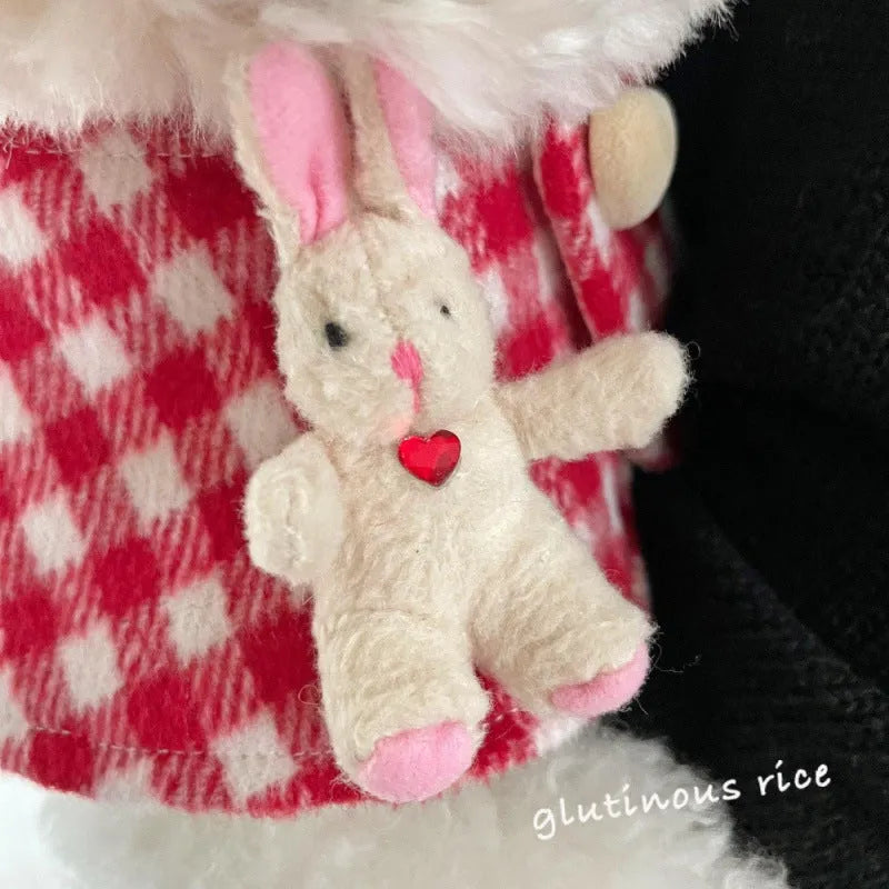 Red plaid rabbit ear pet scarf for dogs and cats, plastic material, three sizes S M L
