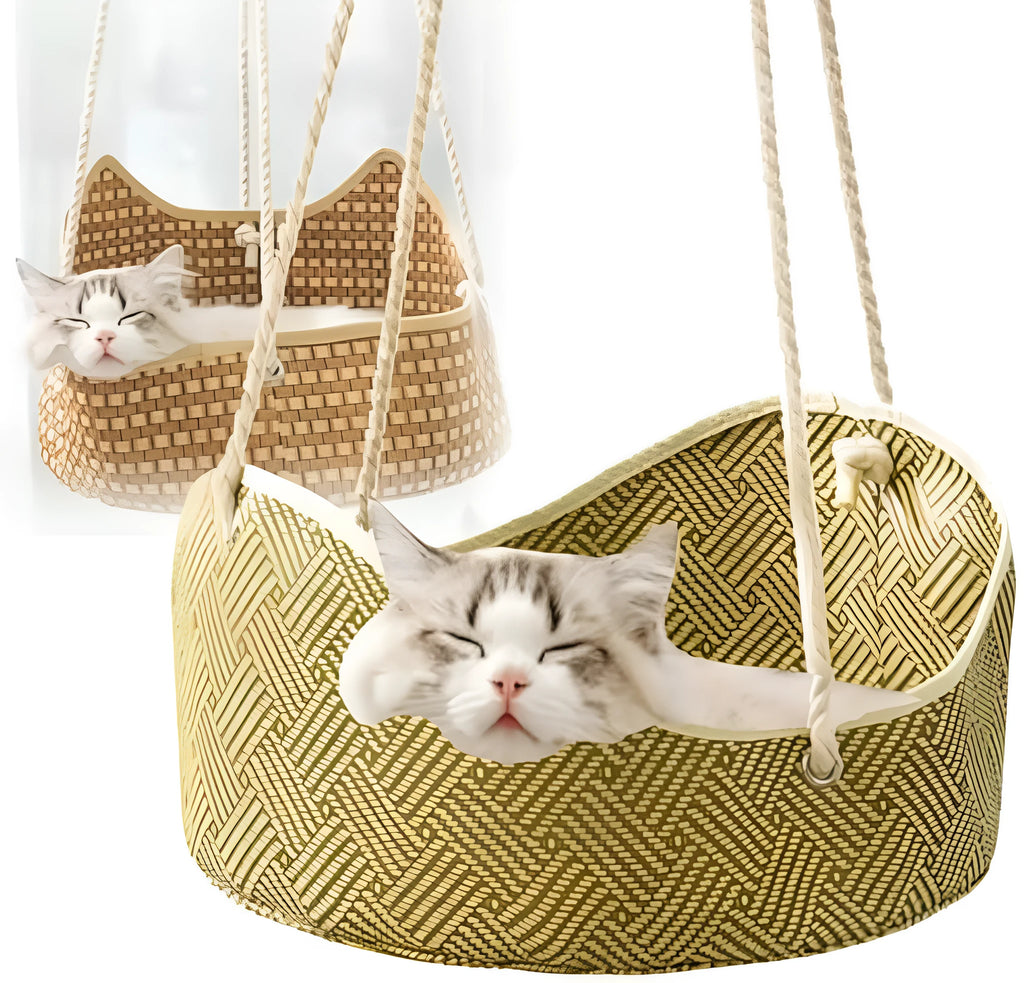 Green rattan cat hammock with cotton rope weaving and metal corner hooks
