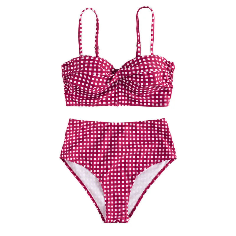 Women's rose red plaid print high-waisted bikini with split leg briefs and matching top.
