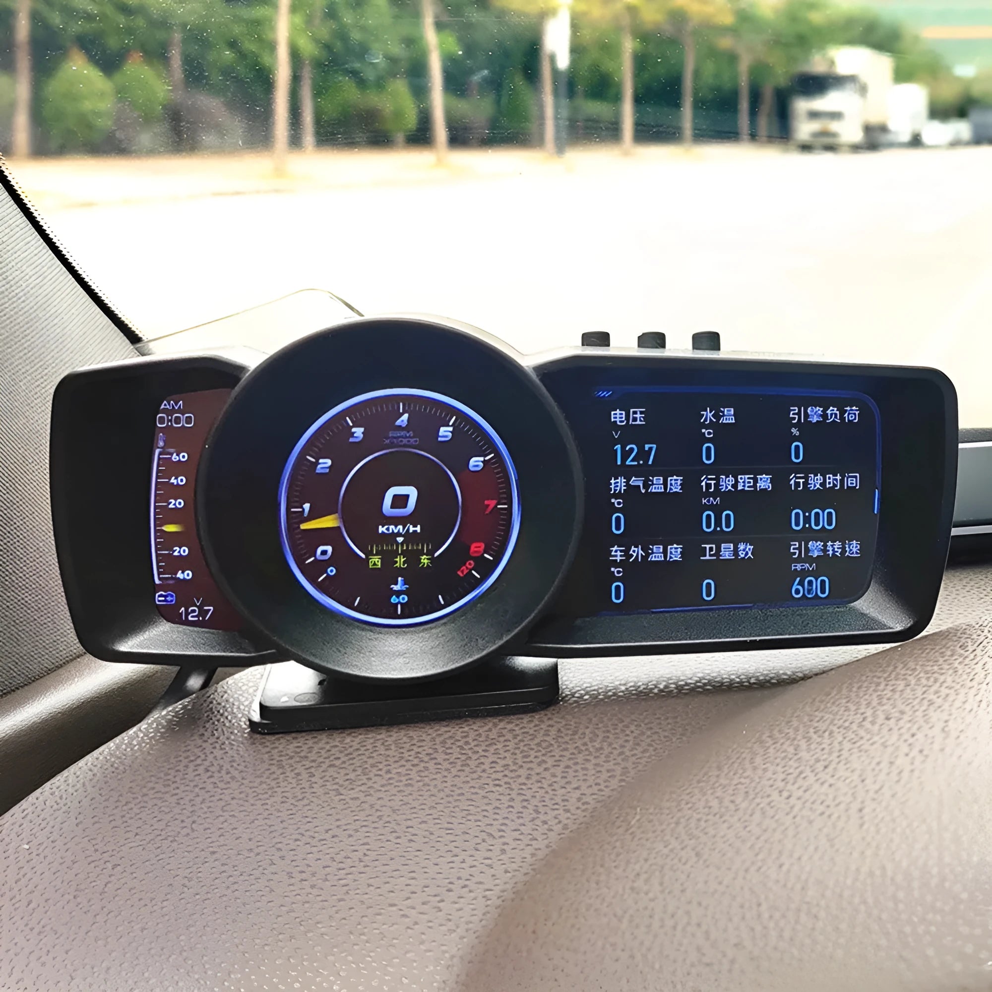 Car diagnostics monitor with TFT screen display showing vehicle parameters, OBDII connection cable
