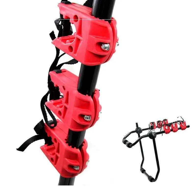 Black and red trunk mounted bike rack with iron frame and sponge padding, showing tie rope and pull belt fastening options.