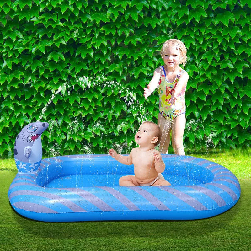 Blue dinosaur and shark water play pool for children in a garden setting