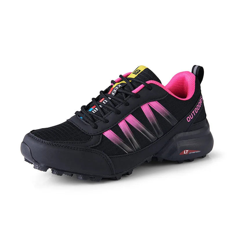 Mountaineering and casual lace-up sneaker with rubber sole in black, black-red, gray-green, or black rose-red.