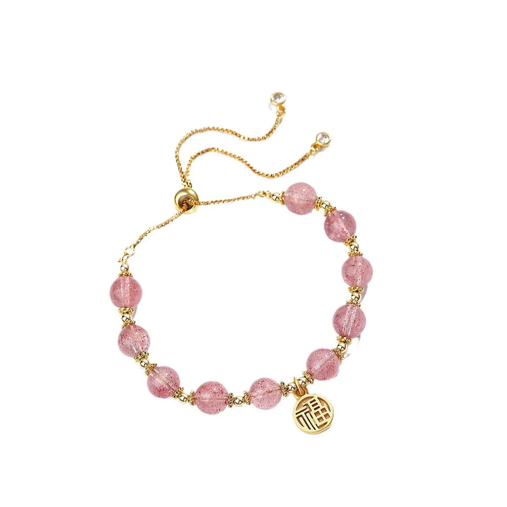 Strawberry quartz crystal bracelet with geometric fu character design and electroplated finish