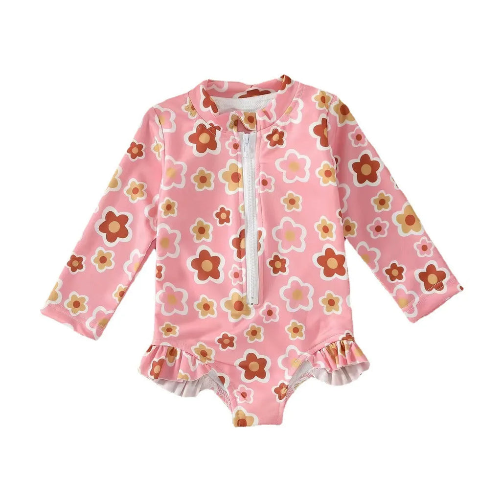 Girls' one-piece floral zipper romper swimsuit in pink, full front view, polyester spandex fabric