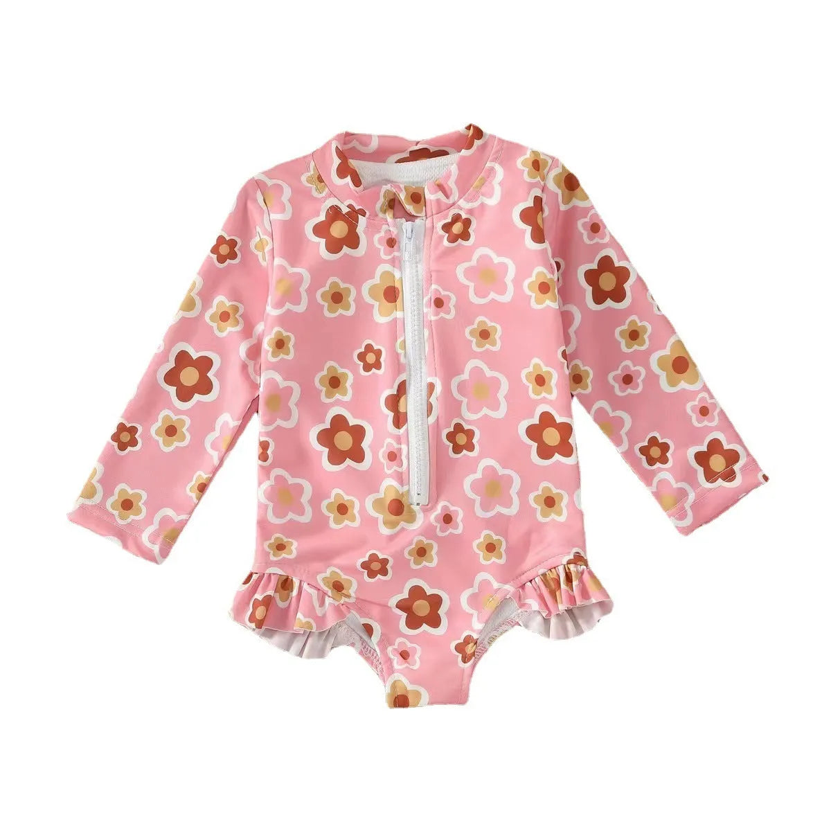 Girls' one-piece floral zipper romper swimsuit in pink, full front view, polyester spandex fabric