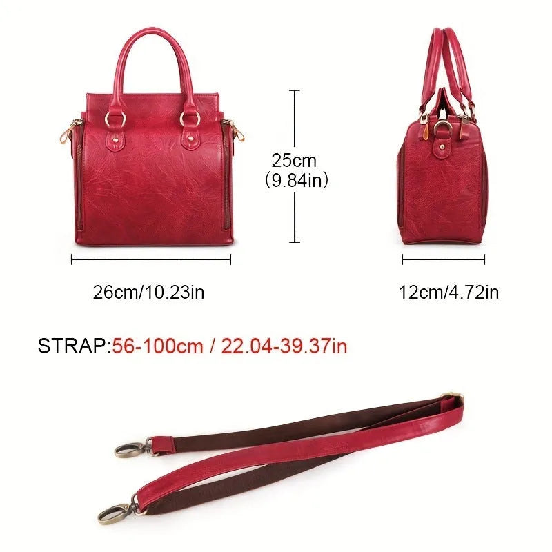 Large capacity genuine leather handbag with horizontal square shape, single shoulder strap, light brown or red