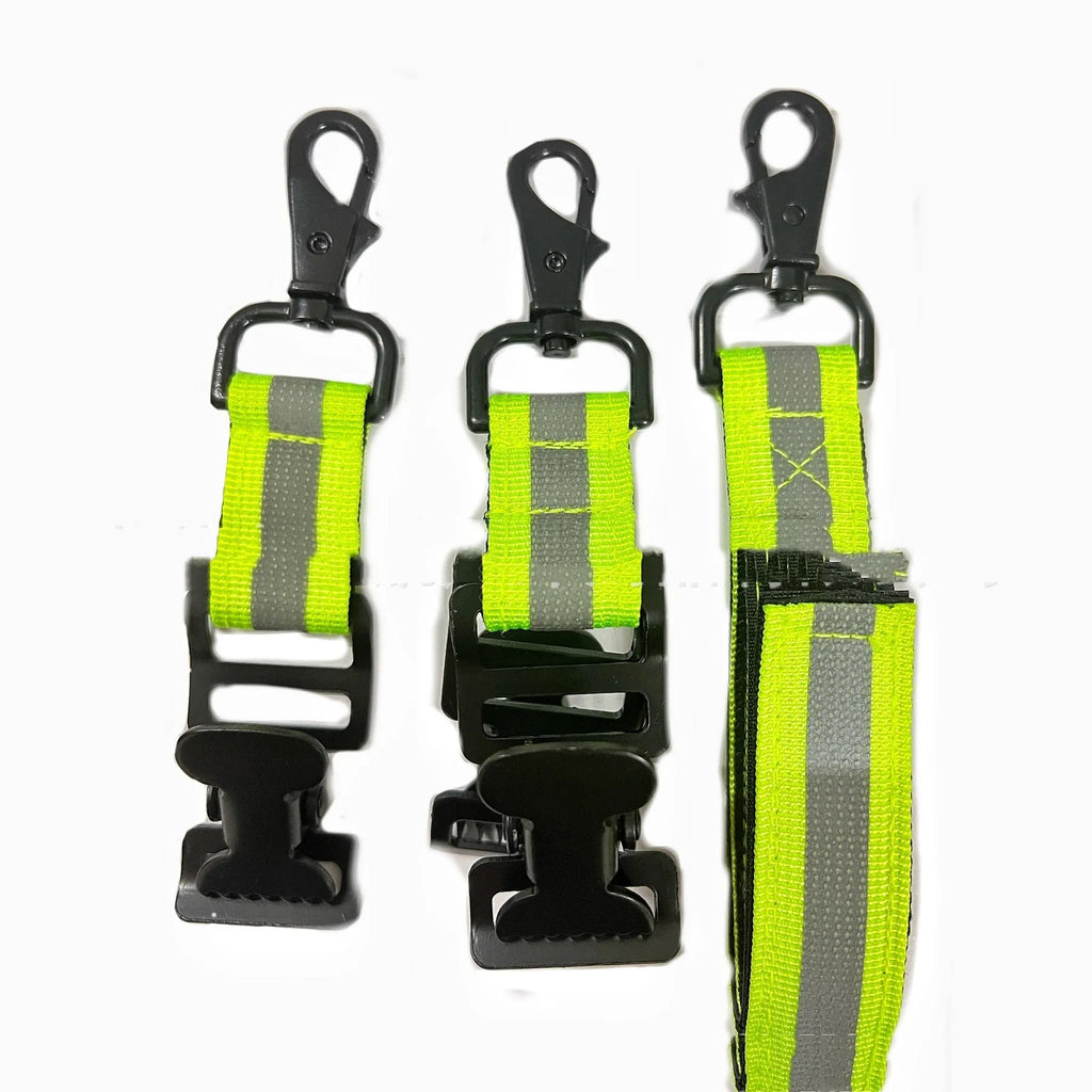 Fluorescent green metal safety clip for attaching gloves to workwear belts.