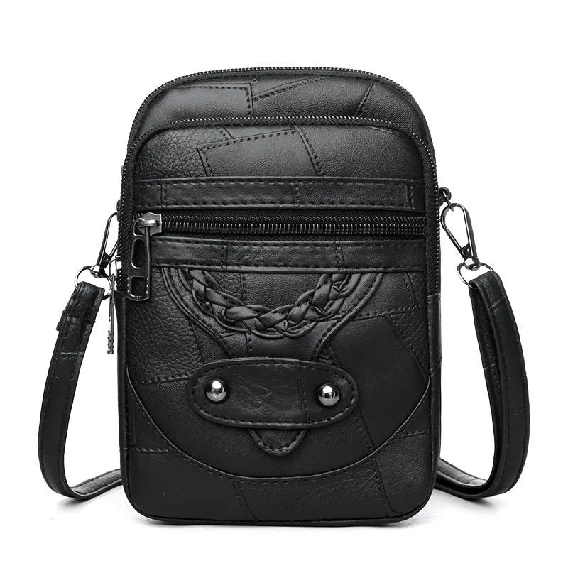Soft leather retro mobile phone bag showing square vertical design with weaving patterns and decorative rivets