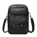 Soft leather retro mobile phone bag showing square vertical design with weaving patterns and decorative rivets