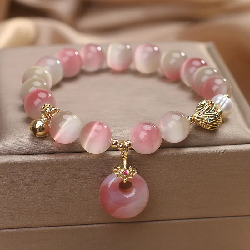Natural gradient opal agate bracelet for women with pink stones and safety buckle pendant