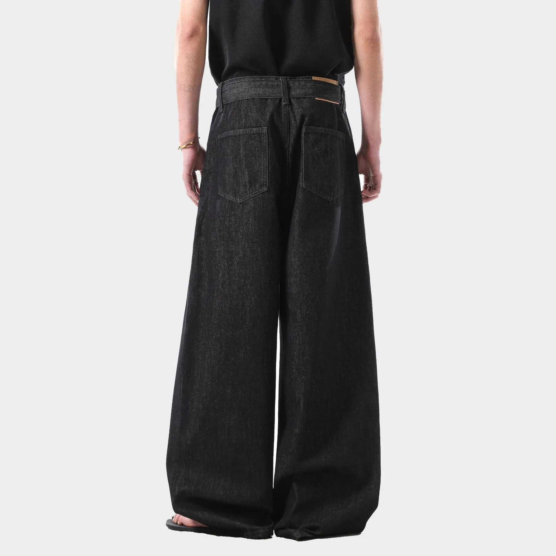 Black and gold American retro high waist straight leg jeans with zip fly