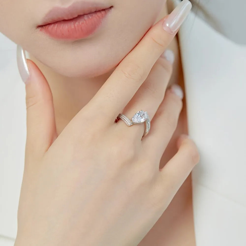 S925 sterling silver ring with water drop zircon inlay, U-shaped band and triangle element, fashion OL style