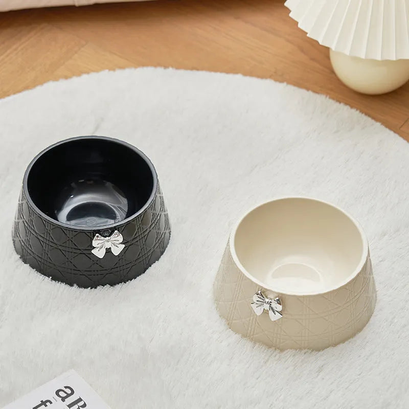 Diamond pattern pet feeding bowl with bowknot decoration in multiple colour options for dogs and cats