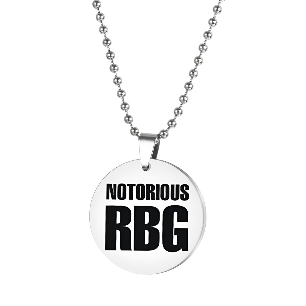Ruth Bader Ginsburg RBG stainless steel keychain with 25mm key ring, 28mm tag, and 25mm round card pendant