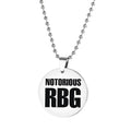 Ruth Bader Ginsburg RBG stainless steel keychain with 25mm key ring, 28mm tag, and 25mm round card pendant