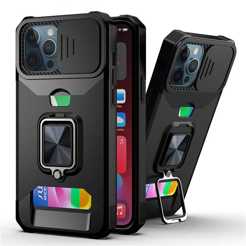 Drop-resistant phone case with sliding window card holder and magnetic suction in black for iPhone 15